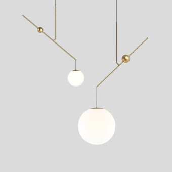 Distinguished Luceplan Malamata suspension lamp with a steel structure and opaque white blown-glass diffusers in a satin golden tone finish