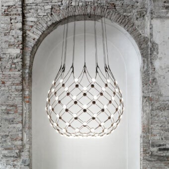 Distinguished Luceplan Mesh suspension lamp with a steel cable structure and warm white LED light sources in satin finish