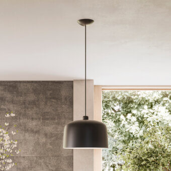 Innovative Luceplan Zile suspension lamp with cylindrical form crafted in dark gray steel and bio-plastic material