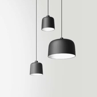 Elegant Luceplan Zile suspension lamp with sculptural bell form crafted in dark gray matte steel and eco-friendly bio-plastic