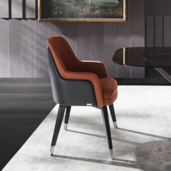 Harmonious Mascheroni Gemma Base armchair in reddish-brown textile with a dark gray shell and satin finishes