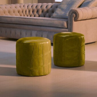 Exceptional Mascheroni San Lorenzo ottoman crafted in muted olive green leather with a textured geometric finish