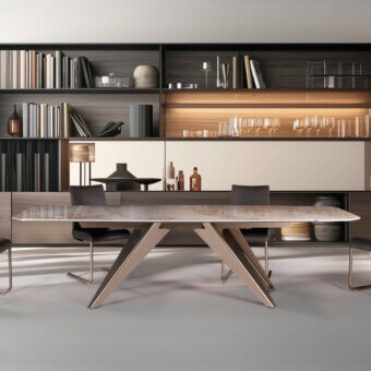 Superior Naos Ant table crafted in light grey and white ceramic with a golden-toned painted metal geometric base