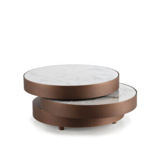 Distinguished Naos Aurum round coffee table with dual ceramic and painted metal tiers in warm bronze finish