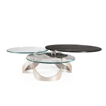 Elegant Naos Avior coffee table with rotating glass and stained wood tops in satin-finish painted steel