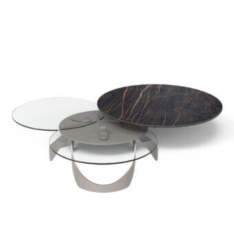 Distinctive Naos Avior coffee table with rotating ceramic tops and a painted steel base offering sculptural form