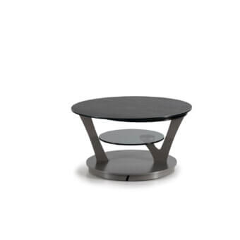 Elegant Naos Bio coffee table with revolving glass tops and dark gray painted steel base