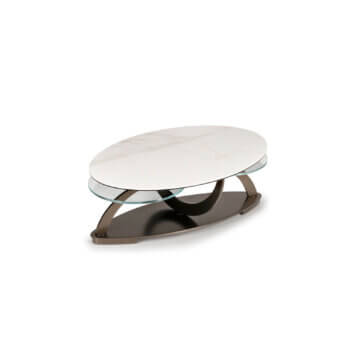 Elegant Naos Cocoon coffee table with glossy white and gray ceramic tops and satin-finish painted steel base