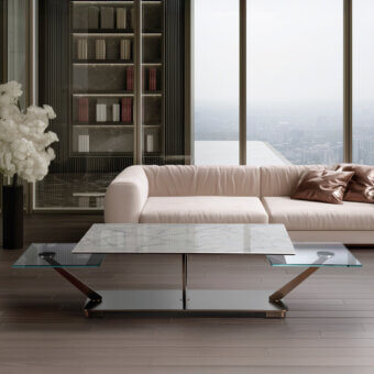Superior Naos Cocoon coffee table with a clear, veined glass tabletop and elegantly curved blackened steel base