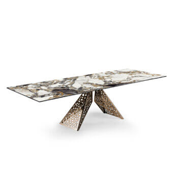Distinguished Naos Coliseum table with ceramic tabletop exhibiting dark grey and gold veining against white, built with golden-toned painted metal base