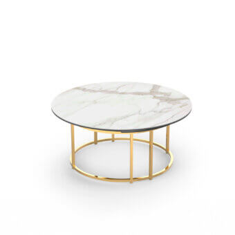 Superior Naos Colombo coffee table with a round ceramic top and golden-toned galvanized steel base in a satin finish