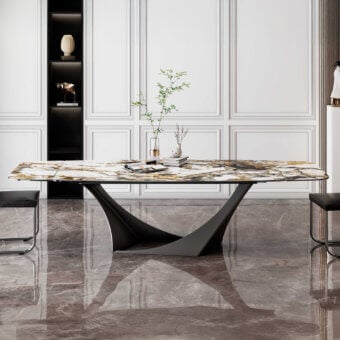 Distinguished Naos Efesto extendable dining table with warm brown, gold, and cream ceramic and a glossy finish