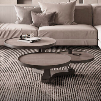 Distinguished Naos Extremis coffee table with rotating ceramic tops and sleek painted steel base in warm gray finish