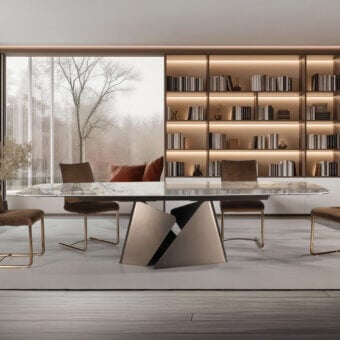 Elegant Naos Fusion table with ceramic tabletop displaying white and gray marbleized veining and satin-finish painted metal base