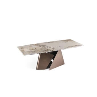 Distinguished Naos Fusion table with ceramic tabletop displaying light grey, beige, and brown veining in matte bronze-toned painted metal