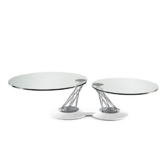Exceptional Naos Gemelli coffee table with revolving glass tops and bright white painted steel base