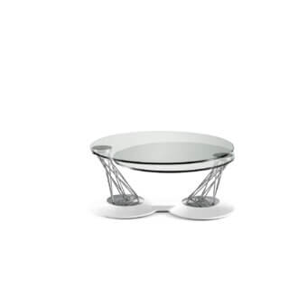 Superior Naos Gemelli coffee table with revolving round glass tops and sculptural silvery synthetic painted steel base