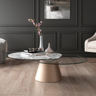 Distinguished Naos Girotondo coffee table with synchronized revolving tops in white and gray marble effect ceramic and rose-gold painted steel