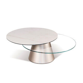 Distinguished Naos Girotondo coffee table with synchronized revolving round tops in white marble-like ceramic and painted steel base