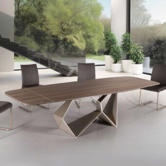 Distinguished Naos Gravity table with a satin wood tabletop and sculpted matte bronze-toned painted metal base