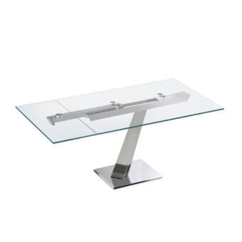 Distinguished Naos Help table with clear glass tabletop and brushed silver-toned metal base crafted in Italy