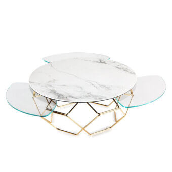 Distinguished Naos Hive coffee table with a ceramic and glass tabletop supported by gold-toned galvanized steel base crafted in Italy