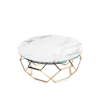 Elegant Naos Hive coffee table with a white marbled ceramic and glass top plus a golden-toned galvanized steel base crafted for extension