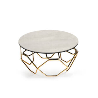 Captivating Naos Hive coffee table with a light grey ceramic top and golden painted steel sculptural base