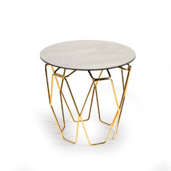Distinguished Naos Hive side table with light gray ceramic top and glossy golden painted steel frame
