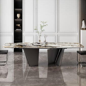 Exceptional Naos Lastre table with a ceramic tabletop displaying dark veins and a polished glossy finish supported by a dark gray metal base