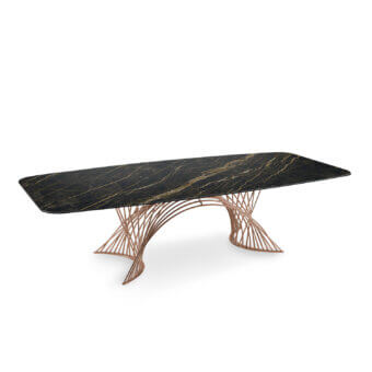 Superior Naos Latour table with dark ceramic tabletop exhibiting gold veining and satin coppery painted metal base