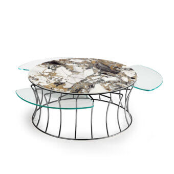 Superior Naos Les Jeux Sont Faits coffee table with extendable ceramic and glass displaying a white, gold, gray marbleized pattern in satin galvanized steel