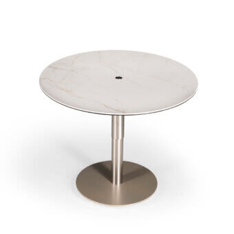 Exceptional Naos Liftix coffee table to dining table with white and grey marble-like ceramic top and satin nickel adjustable column