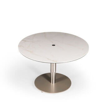 Distinguished Naos Liftix coffee table to dining table with white and gray marble-like ceramic and warm gray satin nickel pedestal base