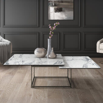 Distinguished Naos Magellano coffee table with white and grey veined ceramic top and dark matte painted steel base transforming with fluid motion