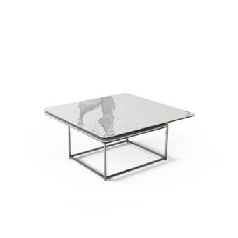 Exceptional Naos Magellano coffee table with a ceramic top displaying white and gray veining in a brushed silver galvanized steel base