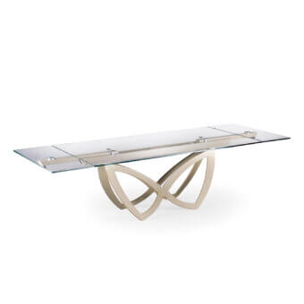 Distinguished Naos Par Par table with interwoven light-colored metal base and clear glass top in satin finish