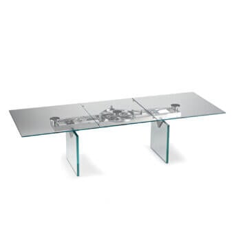 Exceptional Naos Quasar table crafted in clear glass with polished stratified glass legs and silver-toned metal components