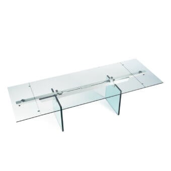 Stunning Naos Santiago table with a sleek tempered glass tabletop and luminous laminated-glass legs revealing a silver metallic structure