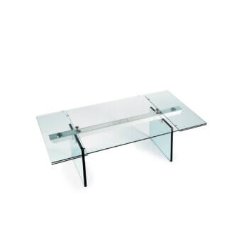 Distinguished Naos Santiago table with a tempered glass tabletop and luminous laminated-glass legs in satin silver metal