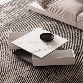 Distinguished Naos Shedir coffee table with grey veined ceramic tabletop and matte white painted base crafted with synchronized drawers