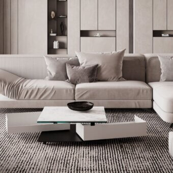 Distinguished Naos Shedir coffee table with white marbled ceramic surface and dark painted finish exhibiting intersecting planes