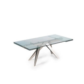 Superior Naos Somnia table with clear glass tabletop and polished silver metal base crafted in Italian design