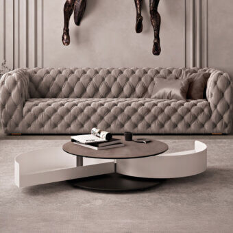 Distinguished Naos Theta coffee table with asymmetrical dark synthetic tabletop and white-toned painted rounded wood base including dual drawers