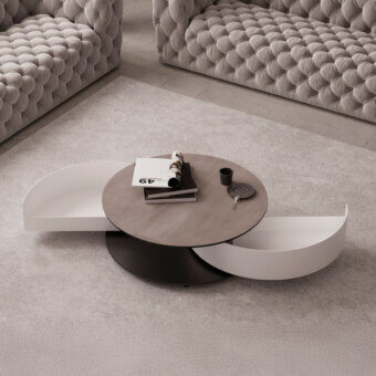 Elegant Naos Theta coffee table with rounded ceramic tabletop and darker contrasting base built with integrated storage drawers