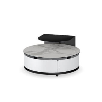Sophisticated Naos Theta Shelf Coffee Table with grey and white veined ceramic tabletop and painted base