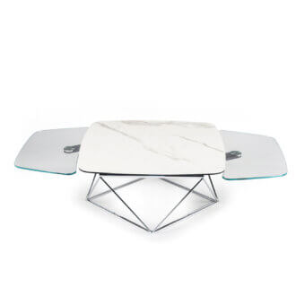 Superior Naos Uptown coffee table with glossy white marble-like ceramic and clear glass, built with a polished steel geometric base