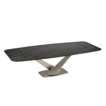 Distinguished Naos Zeus extendable dining table with dark ceramic top and warm gray/bronze satin painted metal base