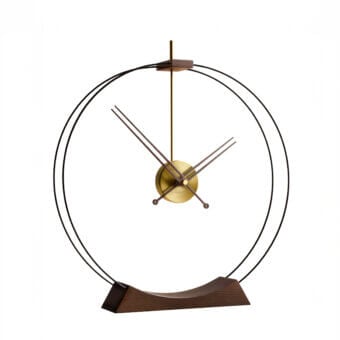 Elegant Nomon Aire table clock crafted in walnut wood with brass details and smooth dark brown finish