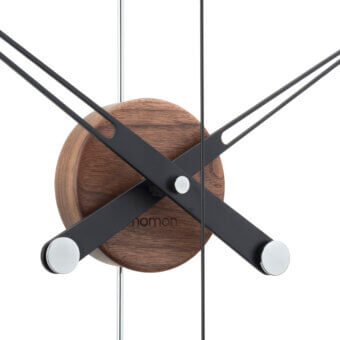 Distinguished Nomon Barcelona wall clock with a double ring in black fiberglass framing walnut and metallic accents